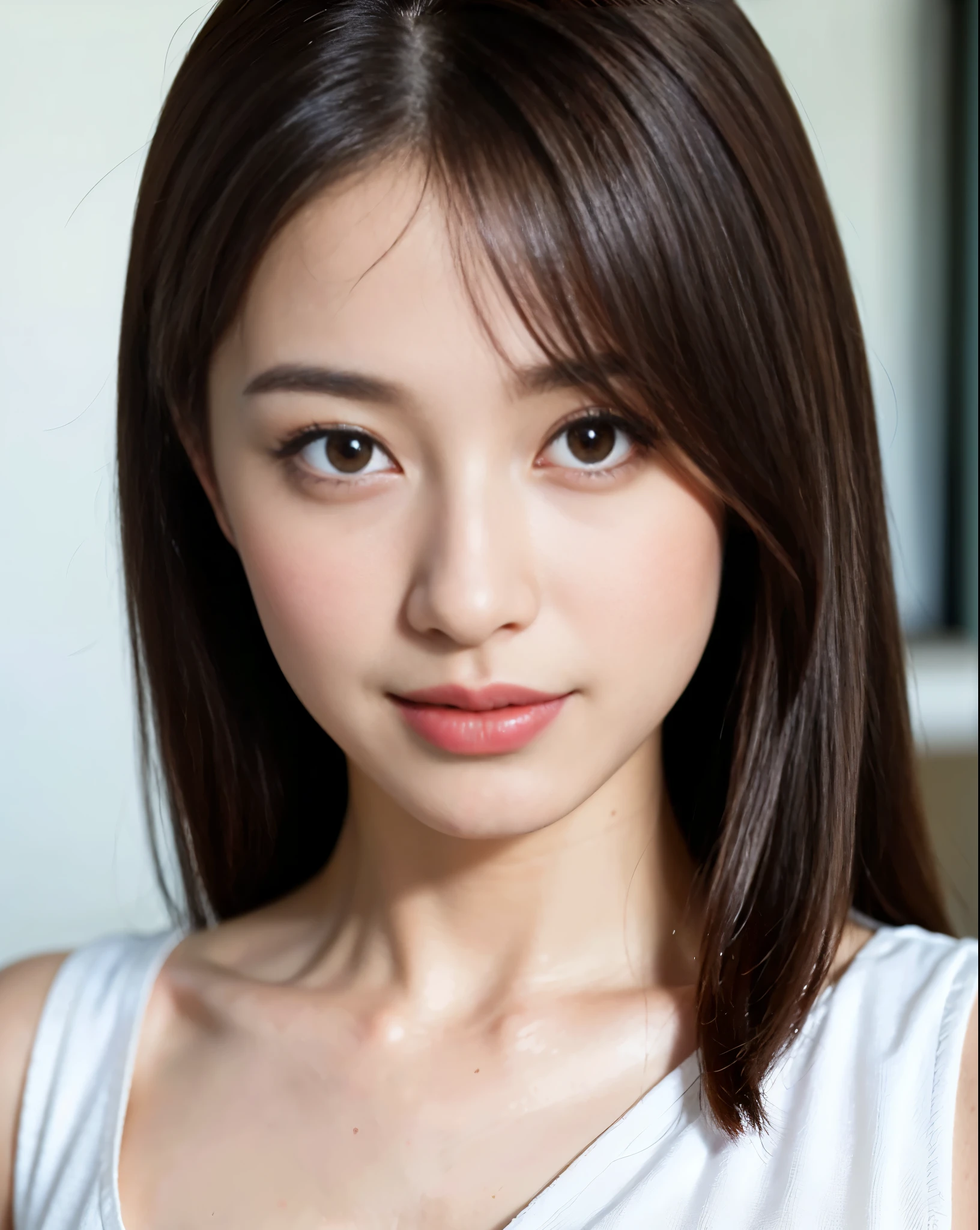 (Realistic, Photorealistic: 1.37), (masutepiece, Best Quality: 1.2), (超A high resolution: 1.2), (Raw photo: 1.2), (Sharp Focus: 1.3), (Face Focus: 1.2), (Ultra detailed CG unified 8k wallpaper: 1.2), (Beautiful skin: 1.2), (pale skin: 1.3), (hyper-sharp focus: 1.5), (Ultra Sharp Focus: 1.5), ( Beautiful pretty face: 1.3), (hyper detailed background, Detail Background: 1.3), Bokeh, depth of fields, BREAK, Photo of a very cute and beautiful Japanese office clerk, professional attire, (22 years old: 1.3), Portrait of a girl with a bright smile, Upper body image, When viewed from the front, The composition is symmetrical, ( (looking straight at you), BREAK, (Glossy dark brown medium hair: 1.2), dark brown eyes, Beautiful eyes, Princess Eyerown hair:1.3)), Single hair, Bangs, hair between eye, Long hair, curby, (medium breasts;1.3), (Detailed beautiful girl: 1.4), (Bare shoulder, Chest squeezed together, View Viewer, ((White blouse with deep neckline and black tight skirt:1.3)), Solo, Parted lips, Red lips, (Shiny skin), Sweat, (City in background:1.1), (light seductive smile:1.25), ((Perfect female body)), (Upper body image:1.3), Frame the head, Perfect Anatomy, Perfect proportions, 8.5 life-size, Face Focus, hyper realistic photography, Hyper Sharp Image, Hyper Detail Image,(long), (((Nipple protrusion:1.1)))