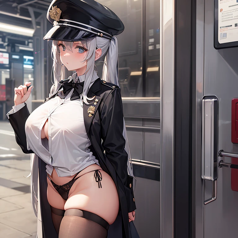 1 girl, long silver hair, 2 ponytails, black train conductor hat, white button up shirt, undone buttons, small undone black jacket, thong, straps around legs, large breasts, huge ass, wide hips, thick thighs, train station background, hand on ass, beautiful, masterpiece.