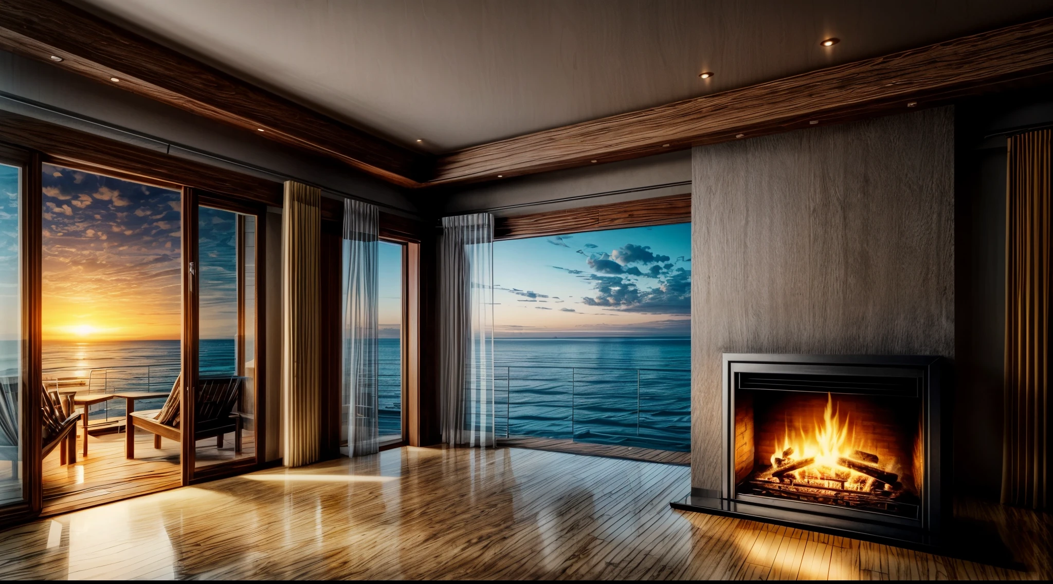 araff living room with a fireplace and a view of the ocean, a digital rendering by Lambert Doomer, unsplash, conceptual art, sunset view, warm living room, warm beautiful scene, sunset time, super realistic render vray, unreal engine ; romantic theme, relaxing environment, warm interior, unreal engine realistic render, watching the sunset, amazing view, ocean view