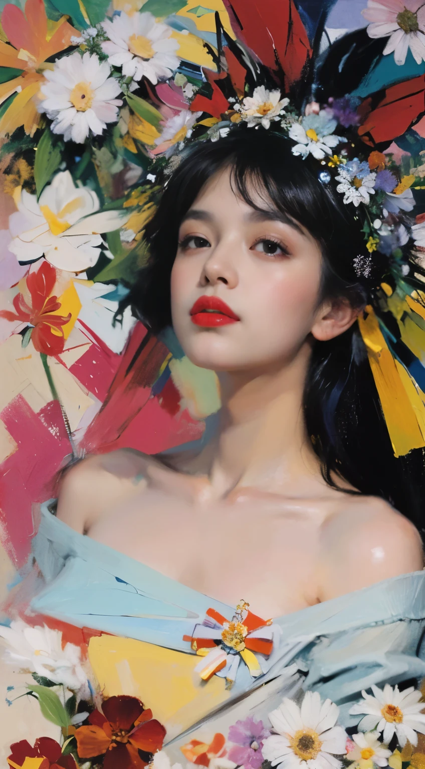 a close up of a woman with a flower crown on her head, asian features, jinyoung shin, inspired by Yanjun Cheng, traditional art, korean artist, gorgeous chinese model, yanjun chengt, fanart, by Ni Tian, beautiful south korean woman, official artwork, by Wu Bin, wenfei ye, popular south korean makeup, a young asian woman absolutely abstract Retro vintage art print, sexy, glamorous pin-up girl wearing a sailors hat, bikini, A painting of a woman wife ((golden ratio}} laying on the sofa after a long night on the town, a painting, a Beautiful expressive painting, malcolm liepke painting, glossy painting, beautiful digital painting, digital art painting, Fine paintings, monochromatic. malcolm liepke oil painting, impressionist painting.Spread your legs apart, beautiful and delicate face, fair skin