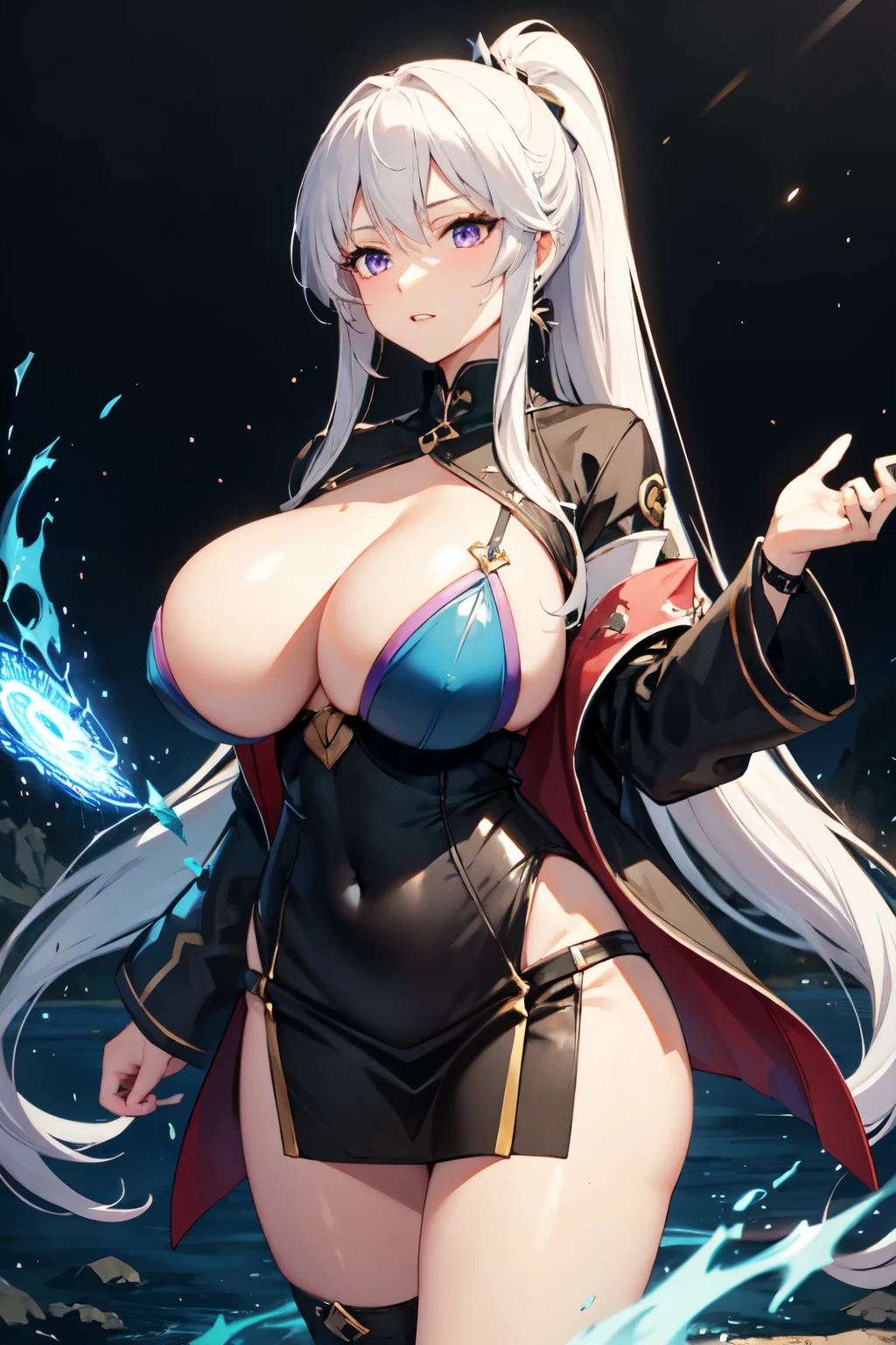 1girl in, komono, Ponytail ,White hair, Purple eyes, Magic Circle, blue fire, blue flames, Wallpaper, landscape, Blood, Blood splatter, depth of fields, Night, light Particle, llight rays, side lights, thighs thighs thighs thighs, Fate \(Series\), GenshinImpact, Open jacket, Skirt, thighs thighs thighs thighs, cloud,huge tit,opened breast