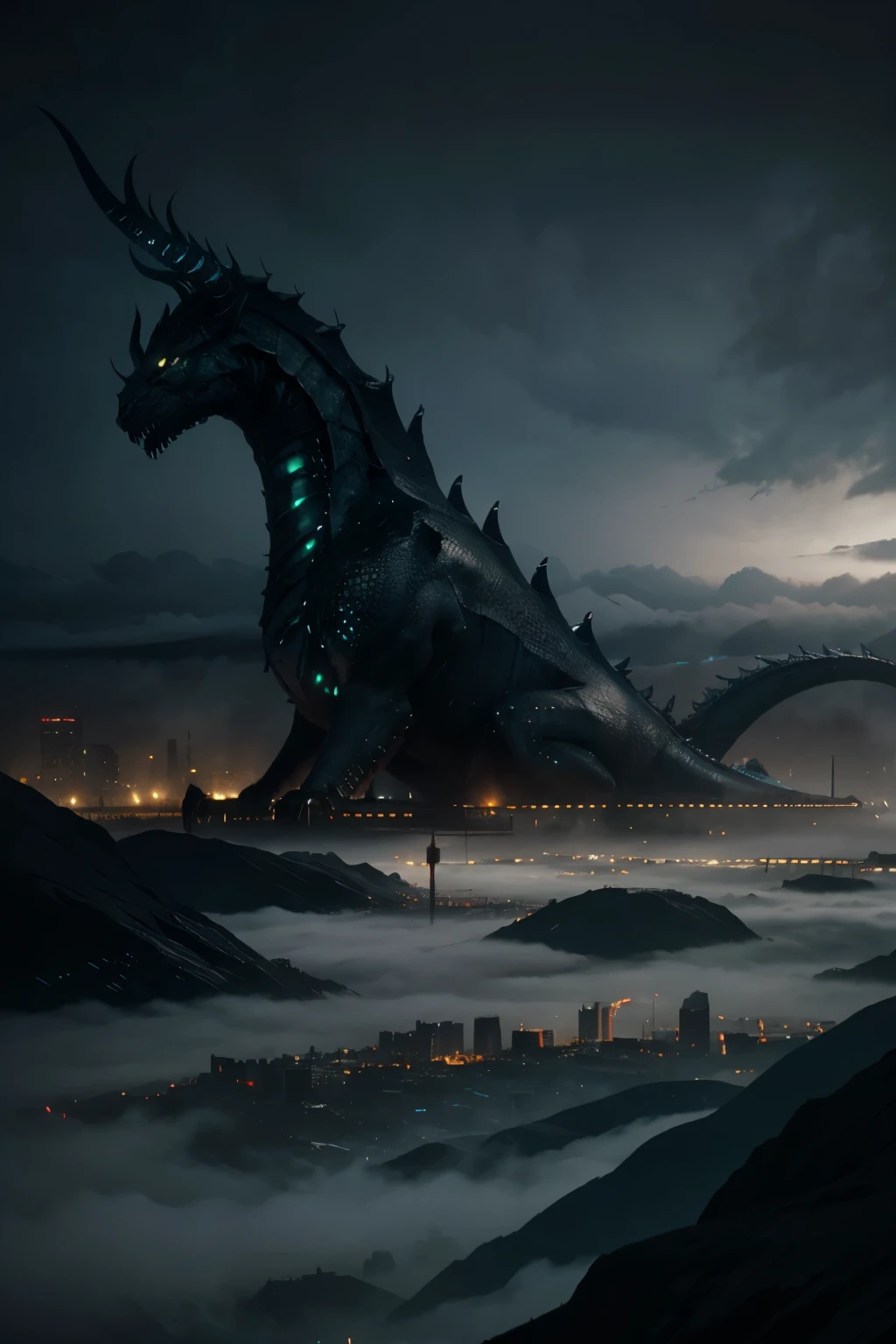 Ultra high definition Photograph of a Absolutely massive dragon towering over the city of London at night, panoramic shot, giant dragon, incredible scale, arching over the cityscape, backlit by lightning, view from the side, attacking the city, complex character design, 4 arms, a tail, original character, (rain), dramatic scene, cinematic, terrifying, glowing in between scales, not humanoid, famous landmarks, destruction, photo-realistic, incredible detail, lighting details