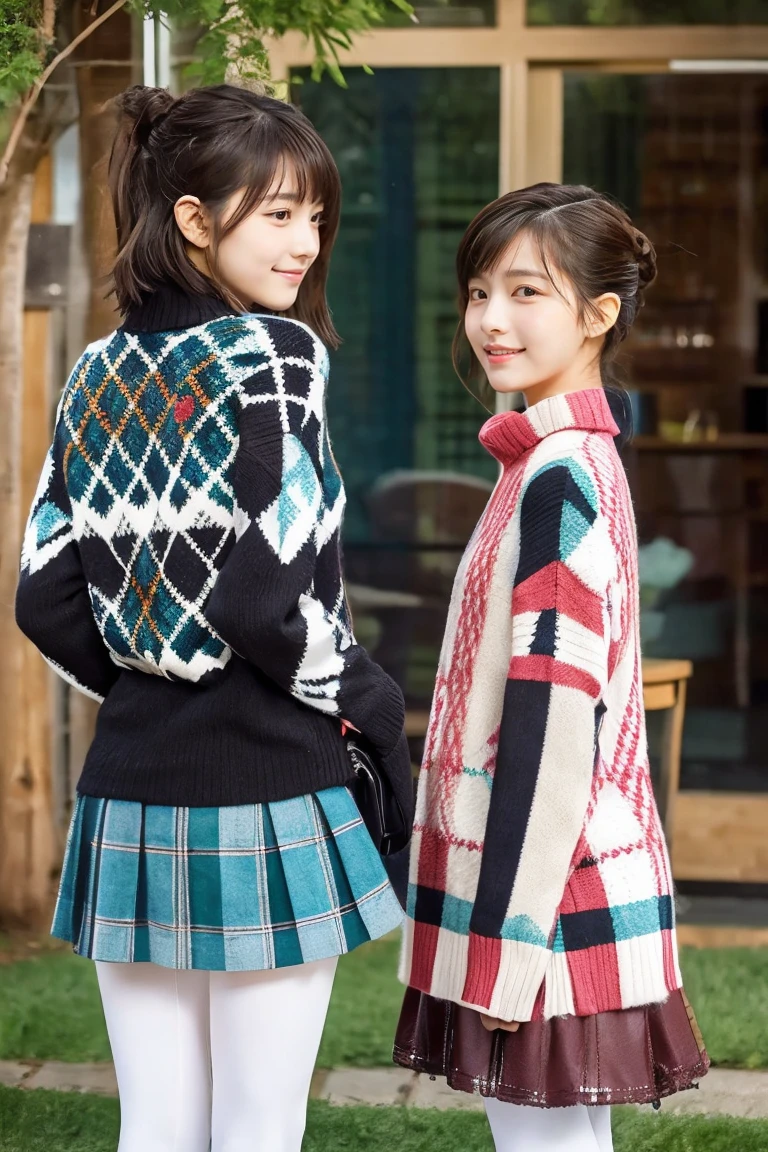 Two beautiful girls wearing argyle sweaters、muffler、14years、A dark-haired、Short Bob、Long straight hair、Bun hair、Relaxed look、wool tights、back、