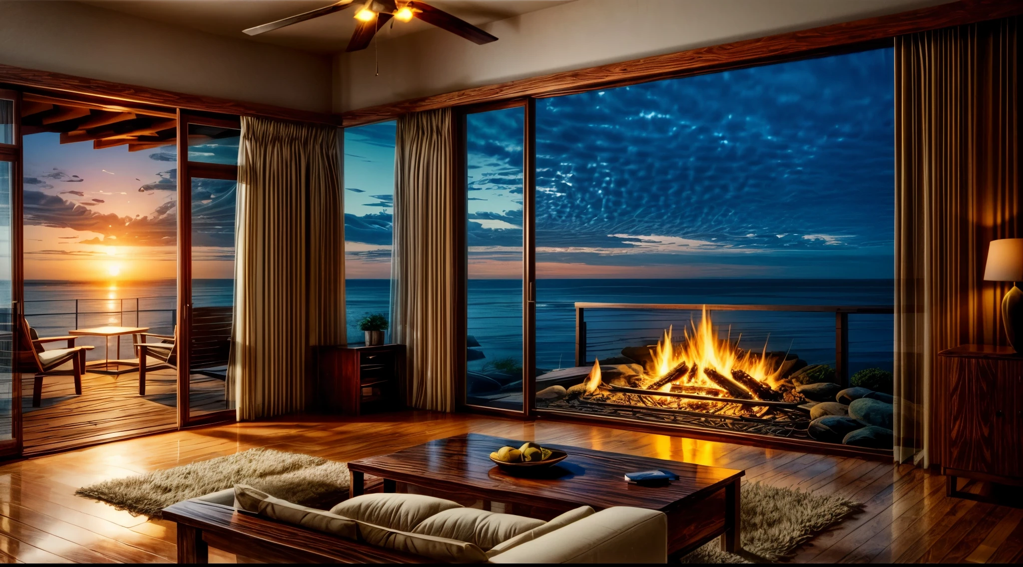 araff living room with a fireplace and a view of the ocean, a digital rendering by Lambert Doomer, unsplash, conceptual art, sunset view, warm living room, warm beautiful scene, sunset time, super realistic render vray, unreal engine ; romantic theme, relaxing environment, warm interior, unreal engine realistic render, watching the sunset, amazing view, ocean view