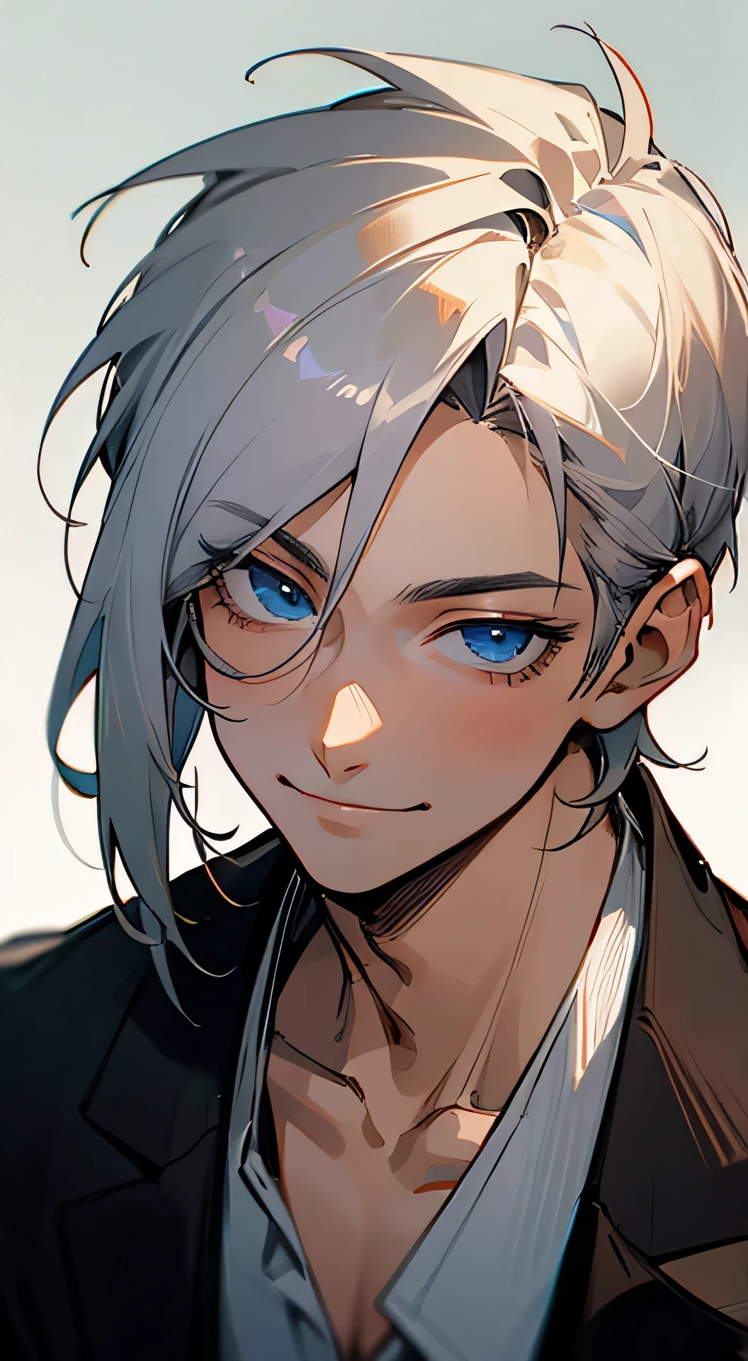 A young man with blue eyes looking at the camera with a smile, Unshaven, Portrait, 2D Anime, Above the chest,silber hair