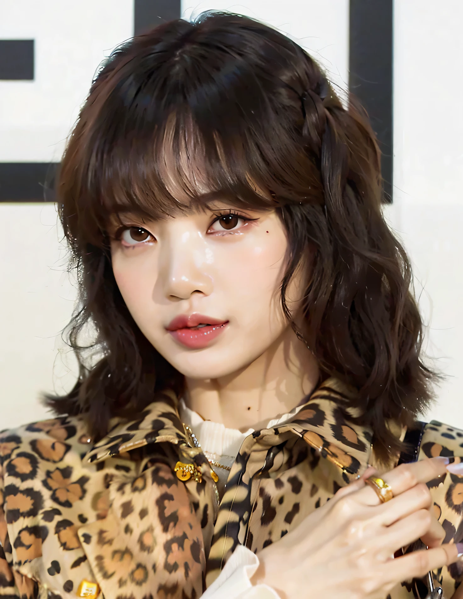 mulher arrasada com casaco com estampa de leopardo e anel de ouro, song hye - kyo, Kiko Mizuhara, Ayaka, Publicado em Itagaki, Yoshitomo Nara, franja de cortina, franja encaracolado, O corte Hime, com franja, Chiho Ashima, franja fofa, aoi ogata |, Yukii Morita, Lisa from BLACKPINK face, fotorrealista, 8k, mature facial features.