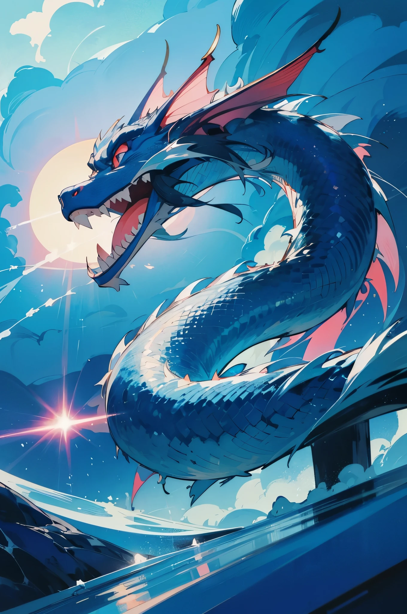 Chinese dragon best quality,tmasterpiece,超高分辨率,(long:1.2),Bania,with her mouth open,Skysky ,多云的Skysky ,Cute dragon,teeth,Blue and pink, high key, 明亮的the watercolor style, Short focus, Rich details, The faucet is in the middle of the picture,The main body of the faucet facing the camera in the middle distance is made of blue laser material....,the watercolor style,腾云驾雾,A lot of clouds,The bottom is the Spring Festival atmosphere。