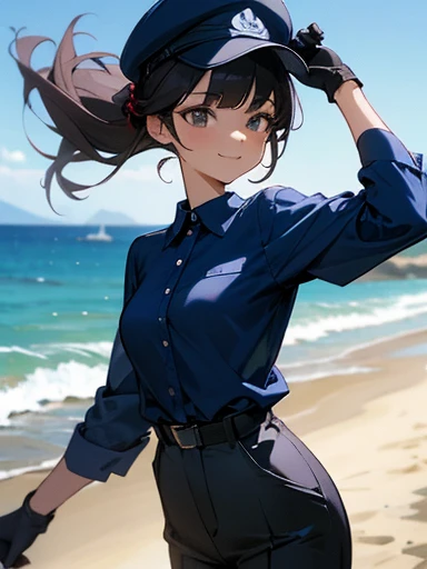 masutepiece,An ultra-high picture quality,Detailed picture,an animated character,hight resolution,独奏,1 female,female focus,Beautie,A dark-haired,Black eye,Thin eyebrows,light skinned,poneyTail,The courier,career,mail,Dark blue polo shirt,Dark blue slacks,Tuck your shirt in,Put on the cap,Black Gloves,Waist Pouch,Short sleeved shirt,Long sleeve trousers,Delivery Man,A refreshing smile,The background is the sea,blue-sky,a beauty girl