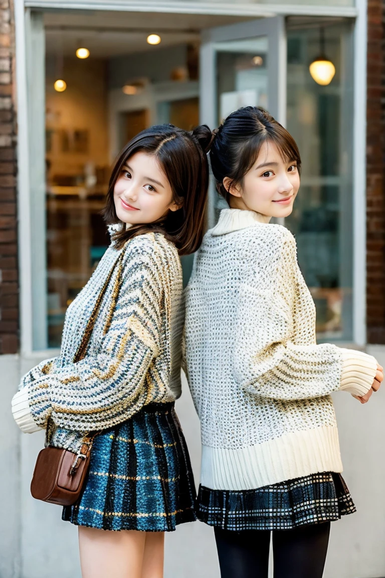 Two beautiful girls wearing patterned sweaters、muffler、13years、A dark-haired、Short Bob、Long straight hair、Bun hair、Relaxed look、wool tights、back、