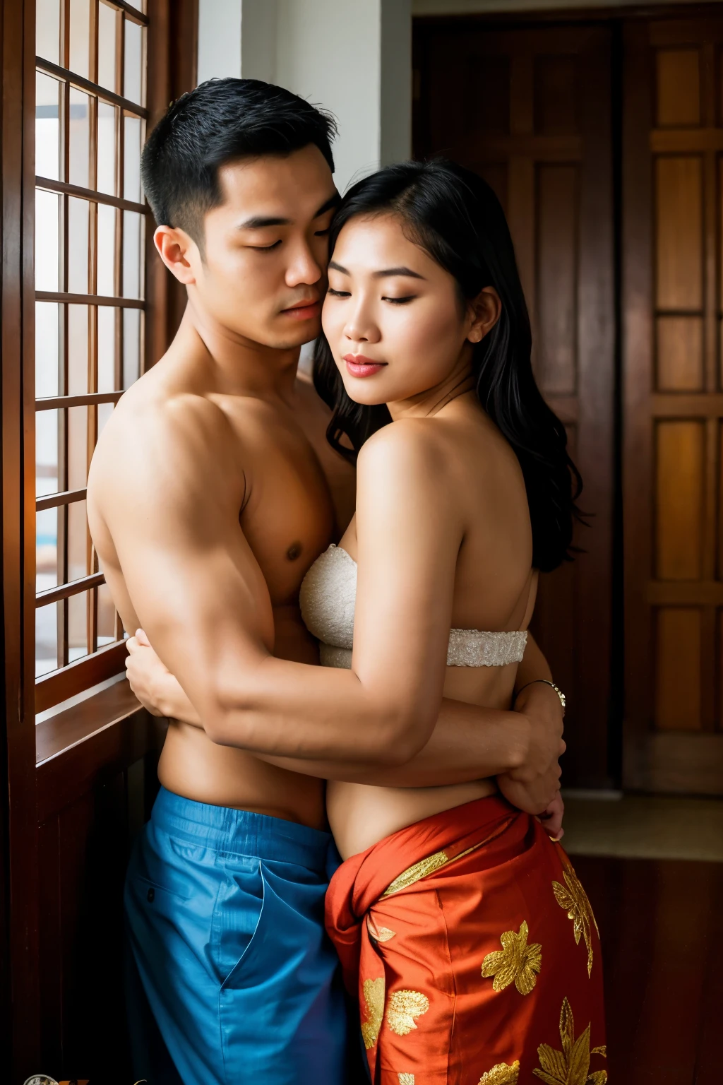 hyper ultra realistic photographs of a ((best quality)), ((masterpiece)), (detailed), perfect face, ultra realistic, Oil painting of a Thai woman wearing a short sarong, massaging her back, sleeping and a black-haired Thai man wearing a muscular sarong, hugging in a Thai house, romantic, high definition, 3d, Esthetic. ratio 16:9, 4k, 8k resolution, High quality photo, high detailed images