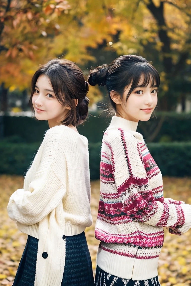 Two beautiful girls wearing patterned sweaters、muffler、13years、A dark-haired、Short Bob、Long straight hair、Bun hair、Relaxed look、wool tights、back、