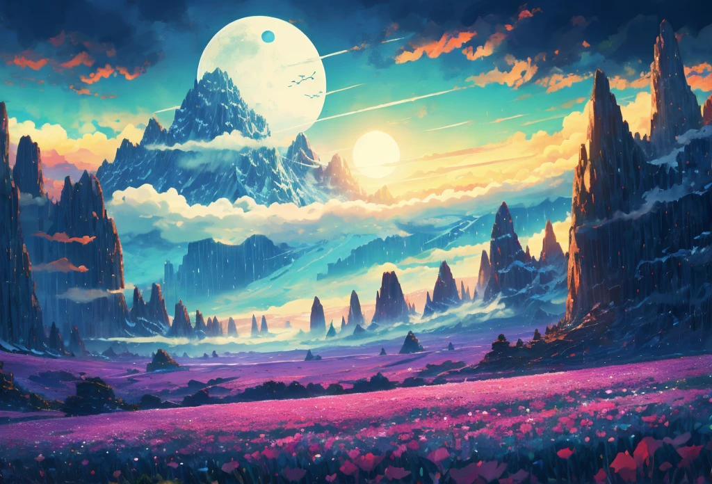 Beautiful flower field with mountain in the distance, Dramatic lighting, Epic composition, Wide angle, by Miyazaki, Nausicaa Ghibli