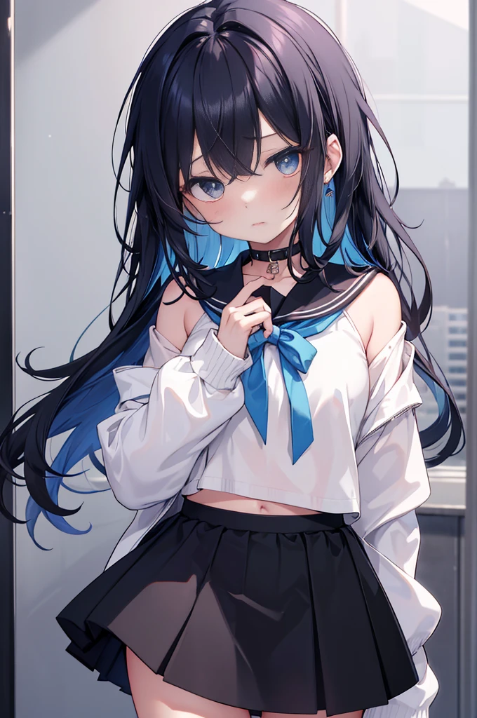best quality, ultra precision, 1girl, cute, little girl, young, boyish, childish, black hair, messy hair, blue A little long hair eyes, beautiful eyes, girl, ecstasy, sailor collar, estrus, metestrus, start to undress, naughty mood, she loves you, lost virgin, virgin, blush, sexy, beautiful skin, big bow on chest, BLUE SWEATER, WHITE SHIRT, SHIRT UNDER SWEATER, OFF SHOULDER TOP) TSUNDERE 18 YEARS old, Short black skirt, up Hands