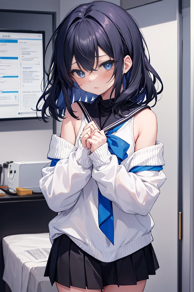 best quality, ultra precision, 1girl, cute, little girl, young, boyish, childish, black hair, messy hair, blue A little long hair eyes, beautiful eyes, girl, ???????, sailor collar, estrus, metestrus, start to undress, naughty mood, she loves you, lost virgin, virgin, blush, sexy, beautiful skin, big bow on chest, BLUE SWEATER, WHITE SHIRT, SHIRT UNDER SWEATER, OFF SHOULDER TOP) TSUNDERE 18 YEARS old, Short black skirt, up Hands