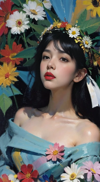 a close up of a woman with a flower crown on her head, asian features, jinyoung shin, inspired by Yanjun Cheng, traditional art, korean artist, gorgeous chinese model, yanjun chengt, fanart, by Ni Tian, beautiful south korean woman, official artwork, by Wu Bin, wenfei ye, popular south korean makeup, a young asian woman absolutely abstract Retro vintage art print, sexy, glamorous pin-up girl wearing a sailors hat, bikini, A painting of a woman wife ((golden ratio}} laying on the sofa after a long night on the town, a painting, a Beautiful expressive painting, malcolm liepke painting, glossy painting, beautiful digital painting, digital art painting, Fine paintings, monochromatic. malcolm liepke oil painting, impressionist painting.Spread your legs apart, beautiful and delicate face, fair skin