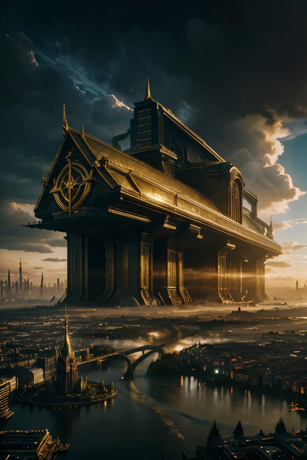 masterpiece, best quality, A super massive neo dystopian city, shrouded in gilded clouds, based off of Asgard, home of the Aesir gods from Norse mythology.