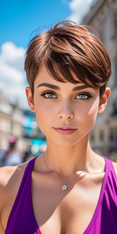 Photo of a **-****-*** European girl, .RAW, beautiful woman,pecas en mejillas ,hermosos  ojos azules(Light brown hair pixie haircut),corte de cabello pixie ((retrato)), ((Cara detallada:1.2)), ((Detailed facial features)), (Piel finamente detallada), Pale skin,parque, Noria de Londres、Purple sleeveless t-shirt with skull image ,senos grandes , Lilac skirt with checkered images, Loose white belt, Long boots with heels ,lindo maquillaje, Purple eyeshadows on eyelids ,Un sexy(cool color), humid, humid, Reflectores, (Masutepiece) (proporciones perfectas)(fotos realistas)(La mejor calidad) (Detallado) fotografiado con una EOS R5 de Canon, Lente de 50 mm, f/2.8, NffSW, (8k) (papel tapiz) (cinematic lighting) (Dramatic lighting) (foco nítido) (Enrevesado) moda