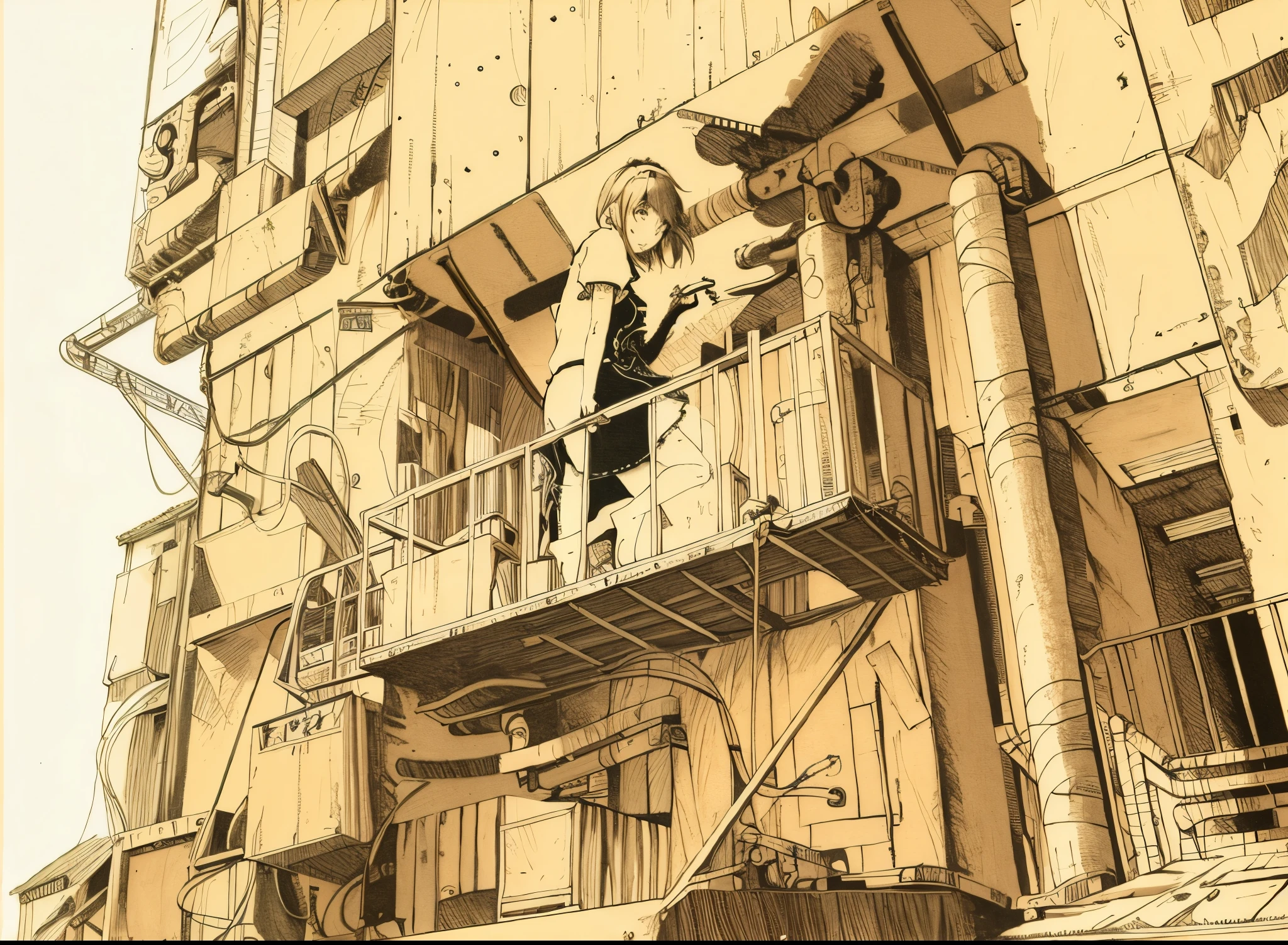 person leaning on balcony railing, Line drawings,Mono Color, line art,of works