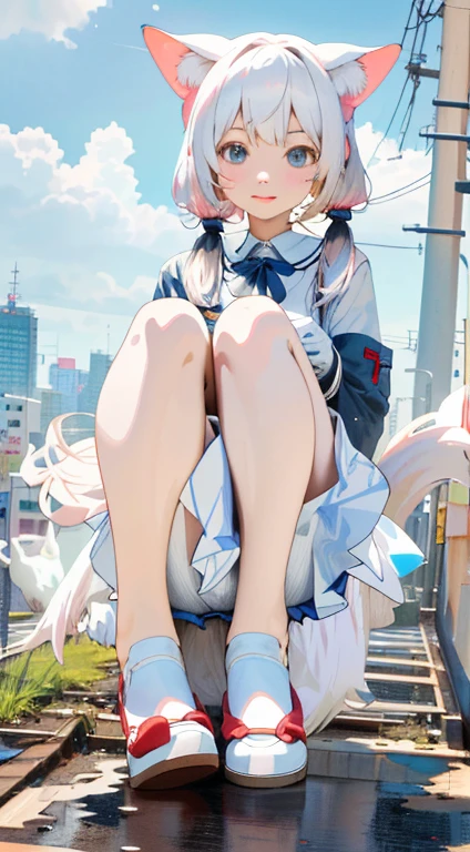 (best quality,4k,8k,highres,masterpiece:1.2),ultra-detailed,(realistic,photorealistic,photo-realistic:1.37),anime,girl,sitting on clouds,city background,lovely girl in a skirt,beautiful anime cat girl,shapely ,white cat girl,pigtails,white gloves,guweiz on pixiv artstation,popular topics on artstation and pixiv,ink art,ink splatter art,anime loliuching anime girl