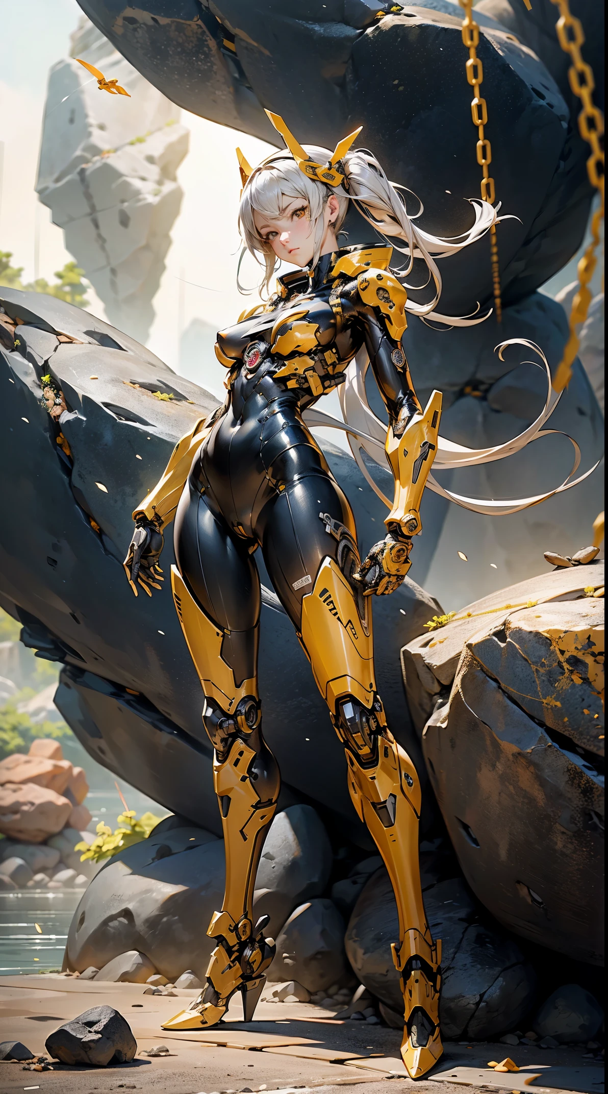 (masutepiece,Extremely detailed, Heavy mechs, hard surface),(concept art:1.1),(Armored Core Style:0.8), A woman wearing ninja robo armor is standing,(yellow body:1.1),(long legged:1.1),(Equipped with a chain sickle:1.1),(A detailed eye:1.3),(A detailed face:1.3),(Detailed weapons:1.3),(Detailed body:1.3),((full bodyesbian:1.5)),(In the background, rocks are floating in the air.:1.5),逼真