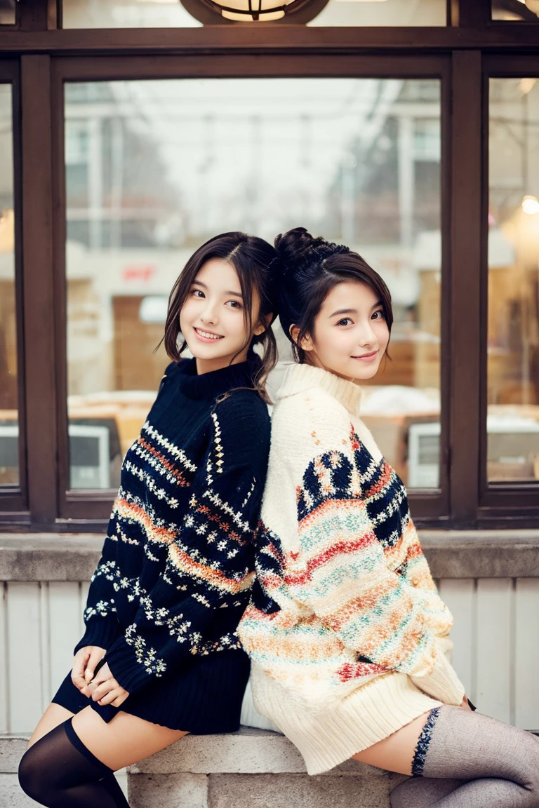 Two beautiful girls wearing patterned sweaters、muffler、17 age、A dark-haired、Short Bob、Long straight hair、Bun hair、Relaxed look、wool tights、back、