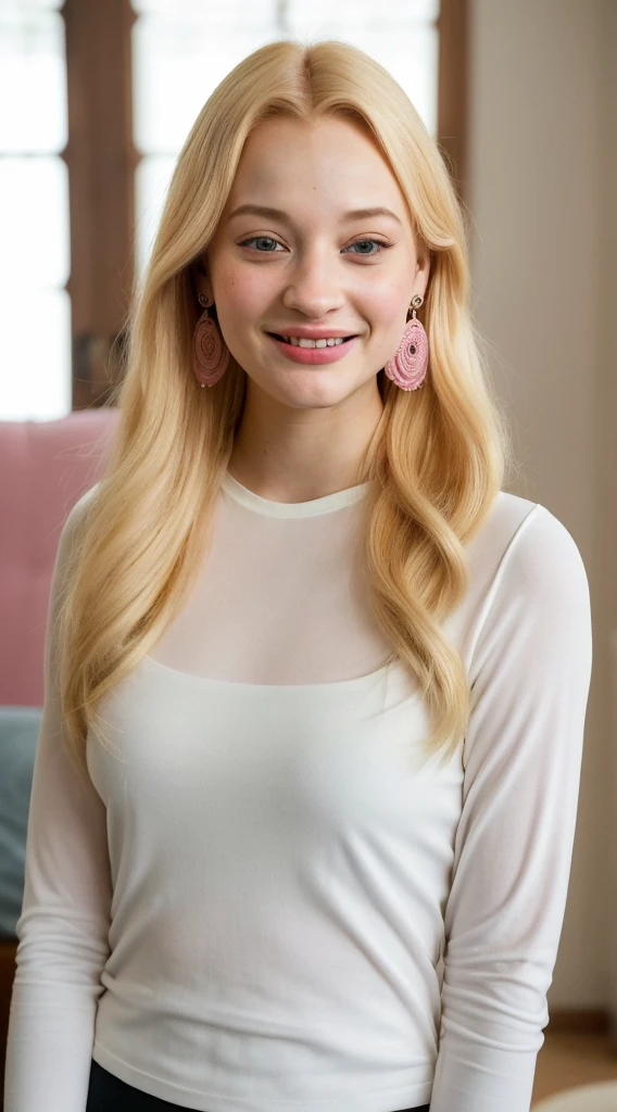 blond woman with long hair and earrings smiling at the camera, wearing a long sleeve white shirt and pink leggings, this person does not exist, perfect human female specimen, sophie turner-dove cameron-marion cotillard-winona ryder-phoebr dynevor-elisabeth moss-crystal reed-sophia myles-olivia cooke-dakota johnson-lily james-leighton meester merged, inside of her living room, entire body visible, full body, hyperrealistic, best quality, 8K, real human skin, masterpiece, extremely intricate, medium closeup, detailed eyes, detailed face, detailed body, exaggerated features, pronounced features