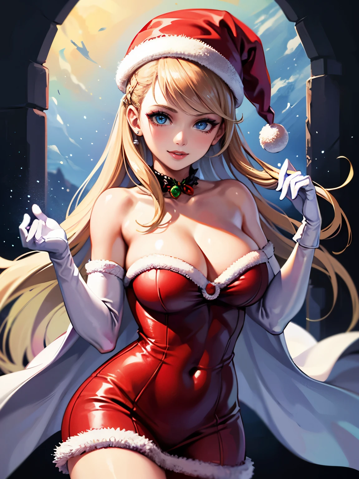 1girl, solo, masterpiece, best quality, high res, highly detailed, (illustration), beautiful detailed eyes, AnnTak, blue eyes ,glossy lips, makeup, smile, long white elbow gloves, cowboy shot, (santa), red santa dress, santa hat, strapless dress, white elbow gloves, long white gloves