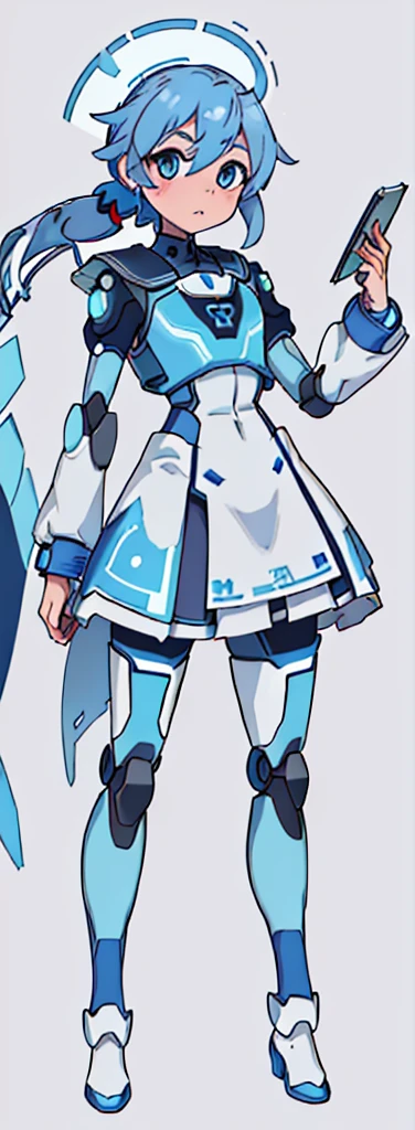 character drawing,((tmasterpiece, Best quality at best)), character design,be full of details, multiple postures and expressions, The content is very detailed, depth of fields, Many partini Robotook styles,Non-human,Sporty wind,AI robot image,Wear a school uniform,Student uniform,holding a book in his hands,Cute little machine,Not human,An image of an AI machine full of positive energy,Body front view, rear view of fuselage,Side view,Cute little machine人,size of baby,Blue is predominant,Blue is predominant,blue hairs