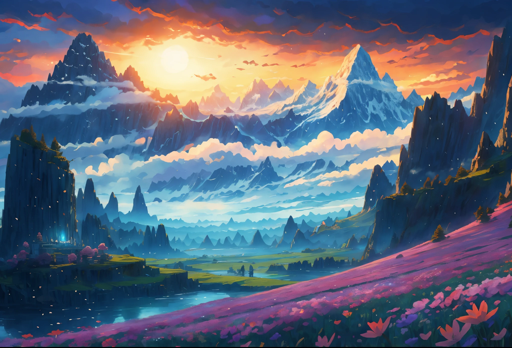 Beautiful flower field with mountain in the distance, Dramatic lighting, Epic composition, Wide angle, by Miyazaki, Nausicaa Ghibli