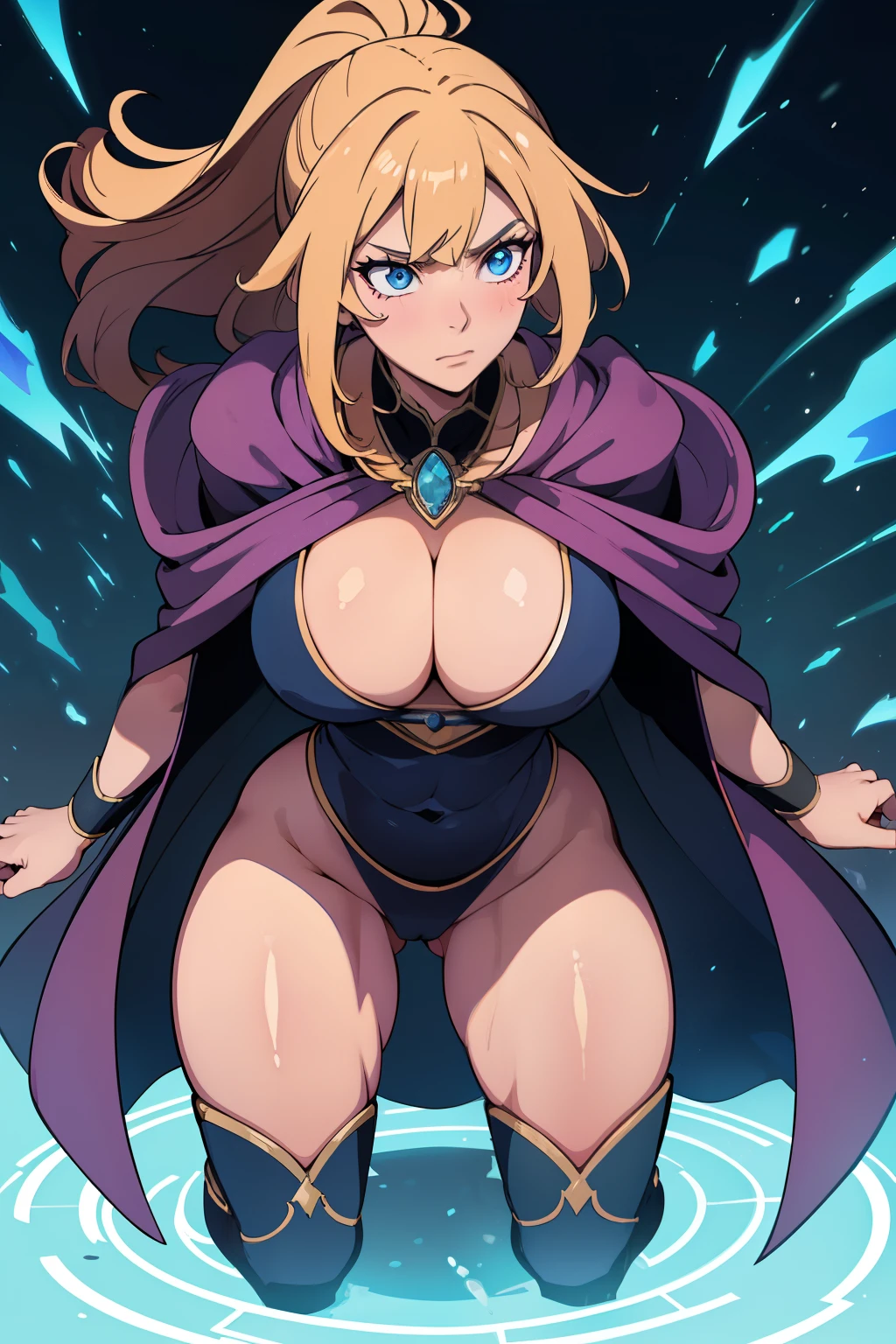 great quality, (1 woman), very focused face, diamond face, perfect eyes, (wearing mage robe), mage robe, strong shadows, full body, detailed face, (casting spell), blue flashes of light, in battle, detailed abs, shinying eyes, (masterpiece), direct light, underlight, strong jaw, (large boobs), massive ass, thick thighs, (long torso), wide waist, skinny torso, fit, perfect face, sexy, (blushing),