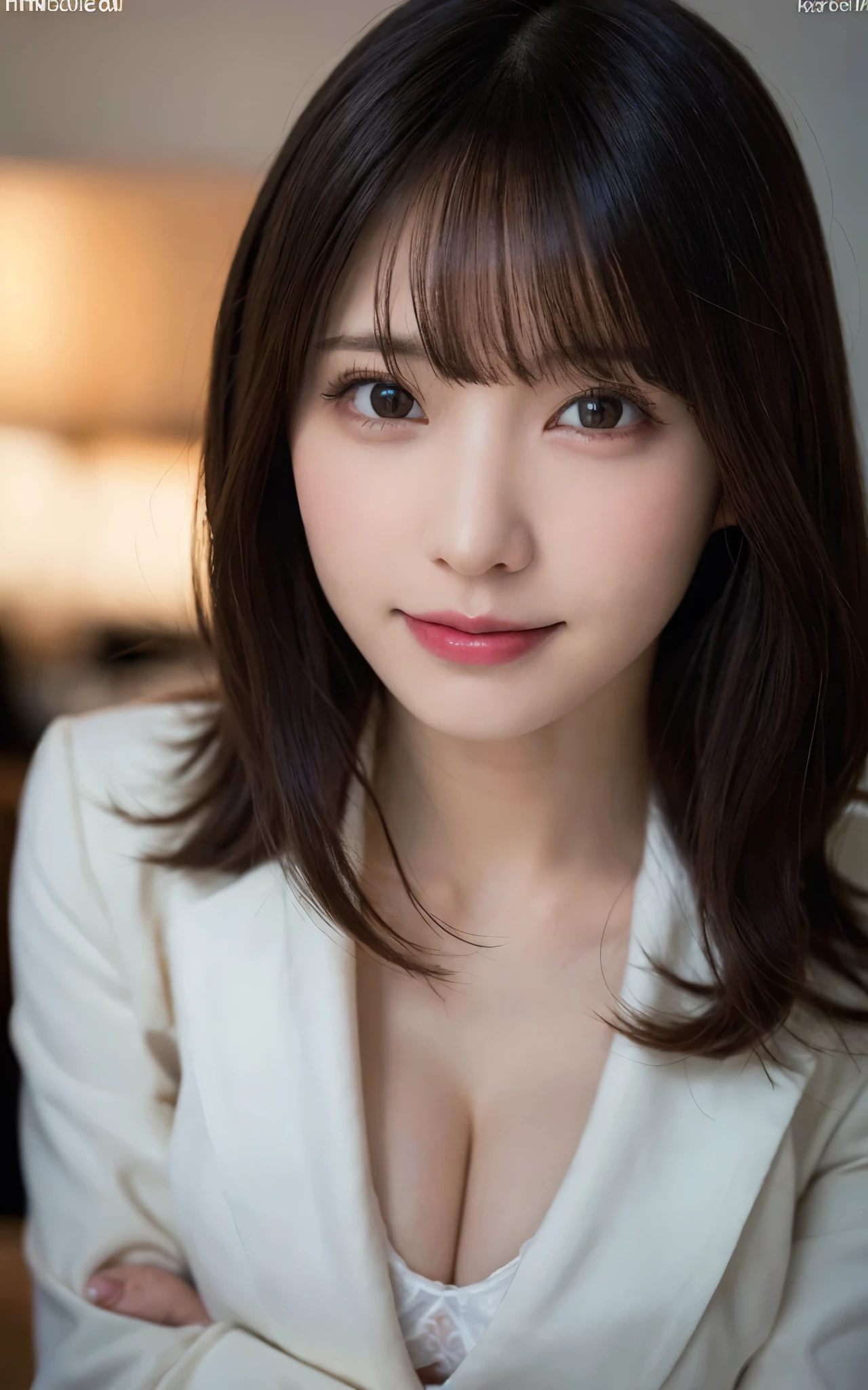 masutepiece, Best Quality, Illustration, Ultra-detailed, finely detail, hight resolution, 8K Wallpaper, Perfect dynamic composition, Beautiful detailed eyes, sexy underwear,Bob Hair, mid-chest, Natural Color Lip, Random and sexy poses,Smile,20 years girl、Colossal tits、s Office、Suits、Suit jacket、teats