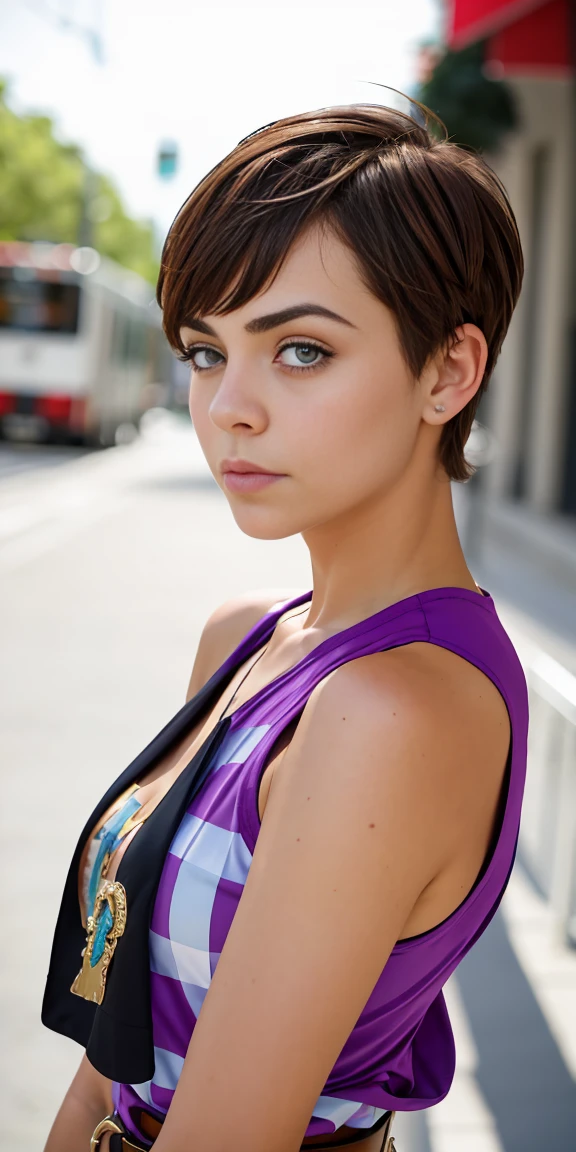 Photo of a 17-year-old European girl, .RAW, beautiful woman,pecas en mejillas ,hermosos  ojos azules(Light brown hair pixie haircut),corte de cabello pixie ((retrato)), ((Cara detallada:1.2)), ((Detailed facial features)), (Piel finamente detallada), Pale skin,parque, Noria de Londres、Purple sleeveless t-shirt with skull image ,senos grandes , Lilac skirt with checkered images, Loose white belt, Long boots with heels ,lindo maquillaje, Purple eyeshadows on eyelids ,Un sexy(cool color), humid, humid, Reflectores, (Masutepiece) (proporciones perfectas)(fotos realistas)(La mejor calidad) (Detallado) fotografiado con una EOS R5 de Canon, Lente de 50 mm, f/2.8, NffSW, (8k) (papel tapiz) (cinematic lighting) (Dramatic lighting) (foco nítido) (Enrevesado) moda