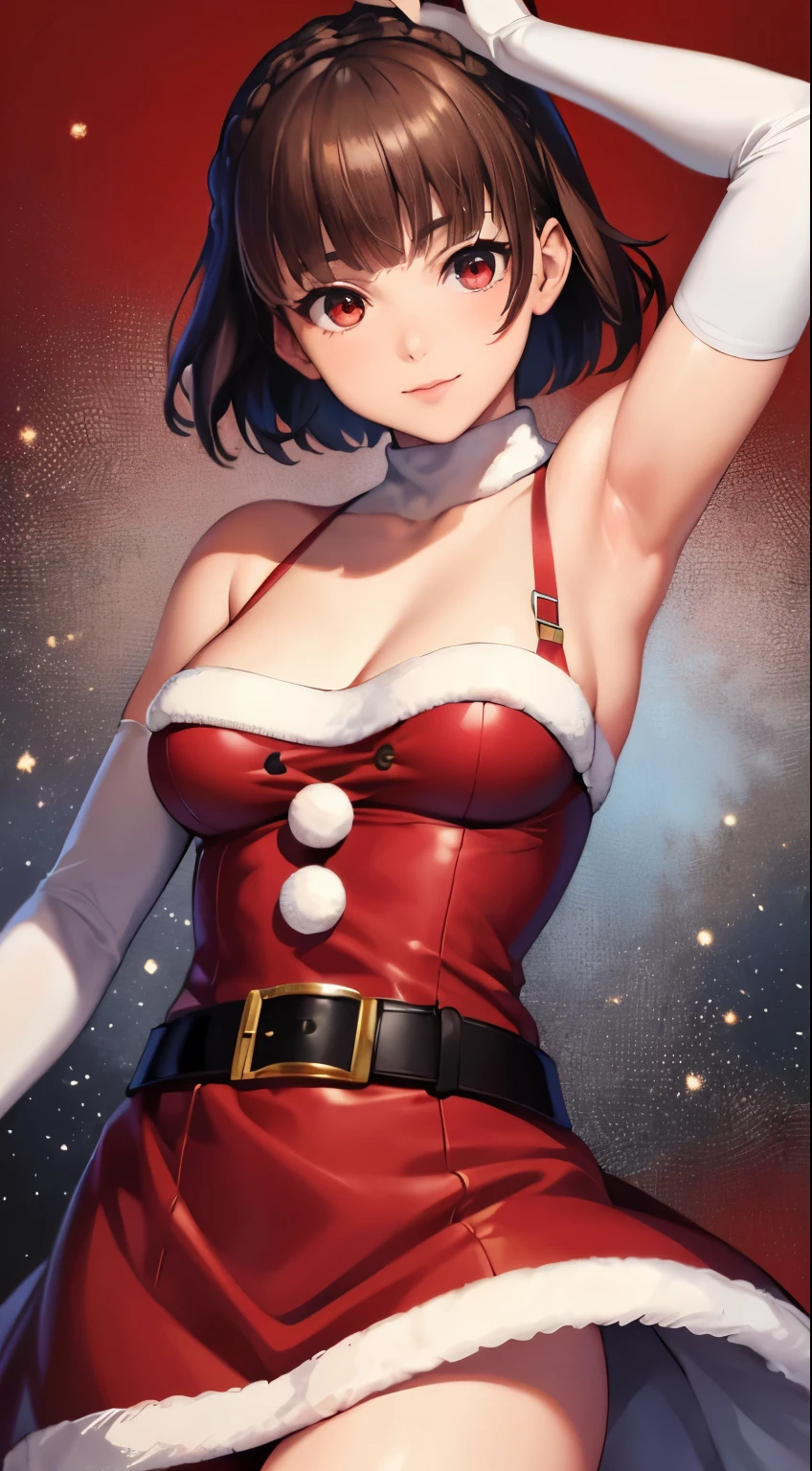 1girl, solo, masterpiece, best quality, high res, highly detailed, (illustration), beautiful detailed eyes, makoto nijima, blunt bangs, braid, brown hair, crown braid, (red eyes:1.3), short hair, ,glossy lips, light makeup, light smile, long white satin elbow gloves ,cowboy shot, (santa), red santa dress