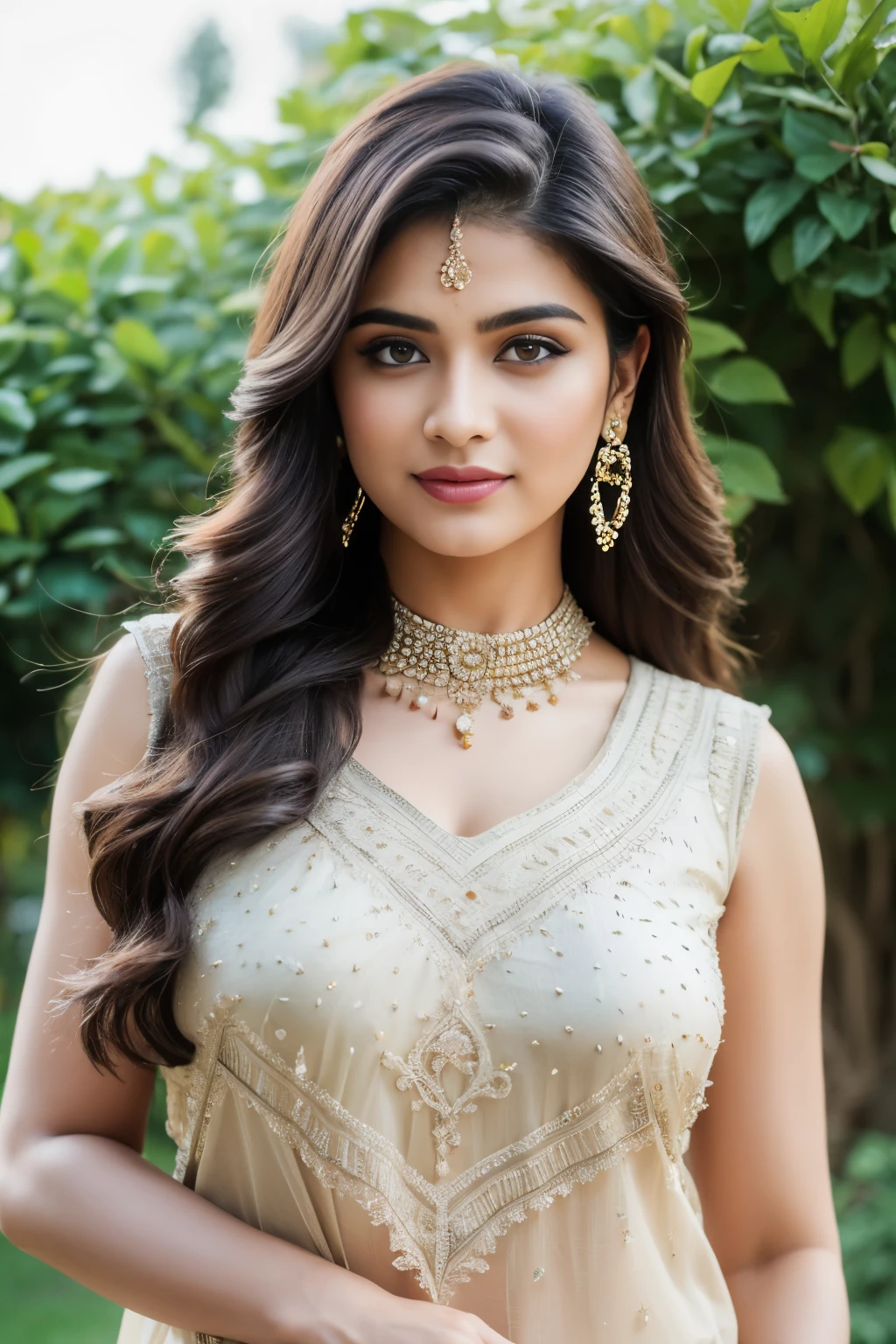 Portrait of A confident-looking indian girl with long flowing hair, hazel eyes, c-cup breasts, standing in grass, not looking at the camera, garden background,clear background, perfect composition, super detailed, 8k, high quality, trending art, trending on artstation, sharp focus, nude studio photo, intricate details, highly detailed