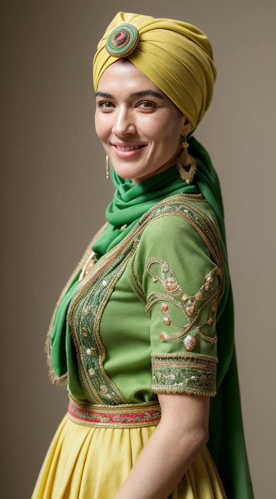 smiling woman wearing a green and yellow head scarf and a turban, iranian, arab, with a orientalist smileful face, genghis khan-mutahar-mandy moore-paz vega-madeline zima-eugenia volodina-helga lovekaty-nicole sakura-sophie marceau-ashley hebert-renee zellweger-arlym broche-isabelle adjani-katrina kaif merged, entire body visible, full body, hyperrealistic, real human skin, best quality, 8K, masterpiece, extremely intricate, detailed eyes, detailed face, detailed body, exaggerated features, pronounced features, fujifilm, wearing traditional clothing