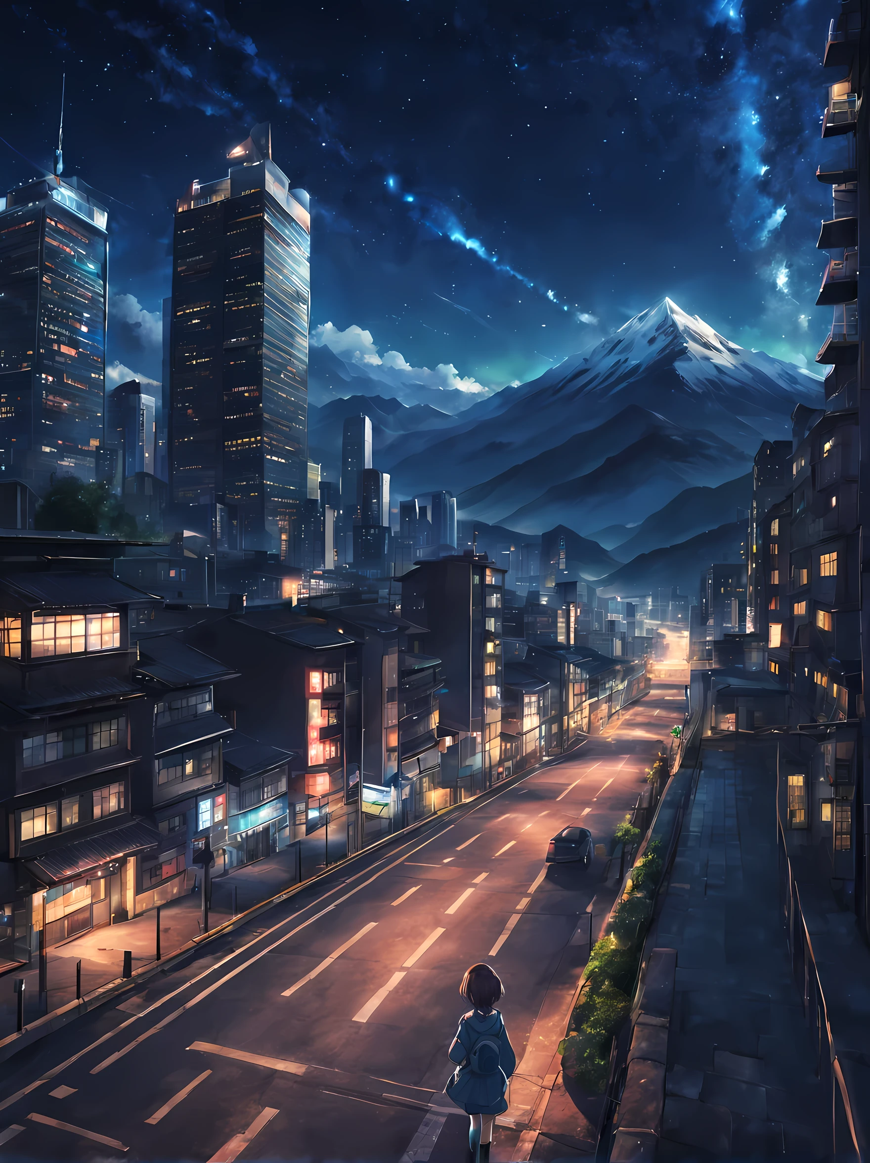 Night, City, skyscrapers, road, mountains, stars, studio ghibli, (watercolor, splash paint, dripping paint, color bleeding, on canvas, textured canvas: 1.5), Anime, high detail, anime, cinematic lighting, motion blur, chromatic aberration, glowing light, ray tracing, reflection light, bloom, drop shadow, UHD, masterpiece, retina, anatomically correct, super detail, high details, high quality, award winning, best quality, highres, 4K