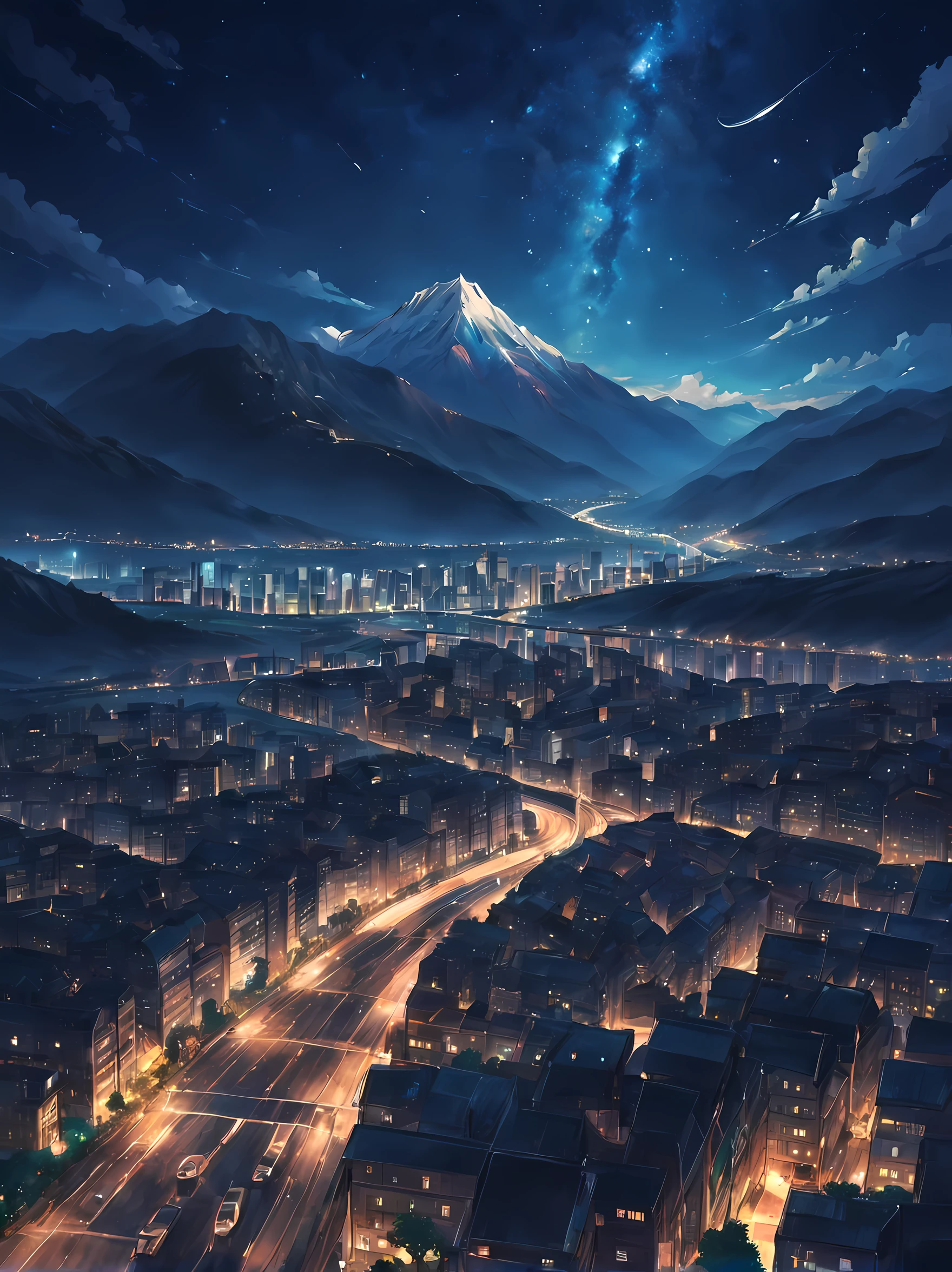 Night, City, skyscrapers, road, mountains, stars, studio ghibli, (watercolor, splash paint, dripping paint, color bleeding, on canvas, textured canvas: 1.5), Anime, high detail, anime, cinematic lighting, motion blur, chromatic aberration, glowing light, ray tracing, reflection light, bloom, drop shadow, UHD, masterpiece, retina, anatomically correct, super detail, high details, high quality, award winning, best quality, highres, 4K