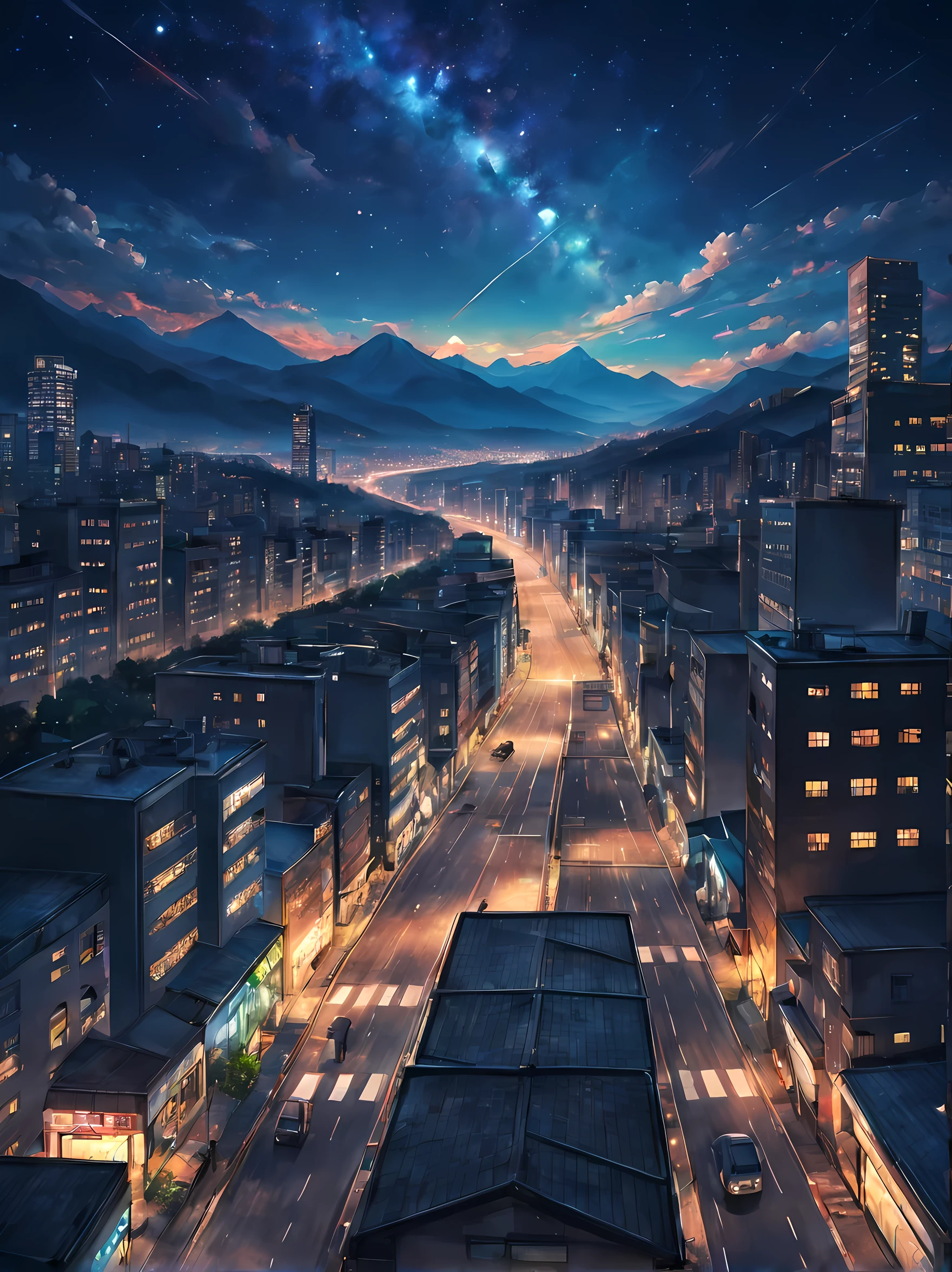 Night, City, skyscrapers, road, mountains, stars, studio ghibli, (watercolor, splash paint, dripping paint, color bleeding, on canvas, textured canvas: 1.5), Anime, high detail, anime, cinematic lighting, motion blur, chromatic aberration, glowing light, ray tracing, reflection light, bloom, drop shadow, UHD, masterpiece, retina, anatomically correct, super detail, high details, high quality, award winning, best quality, highres, 4K