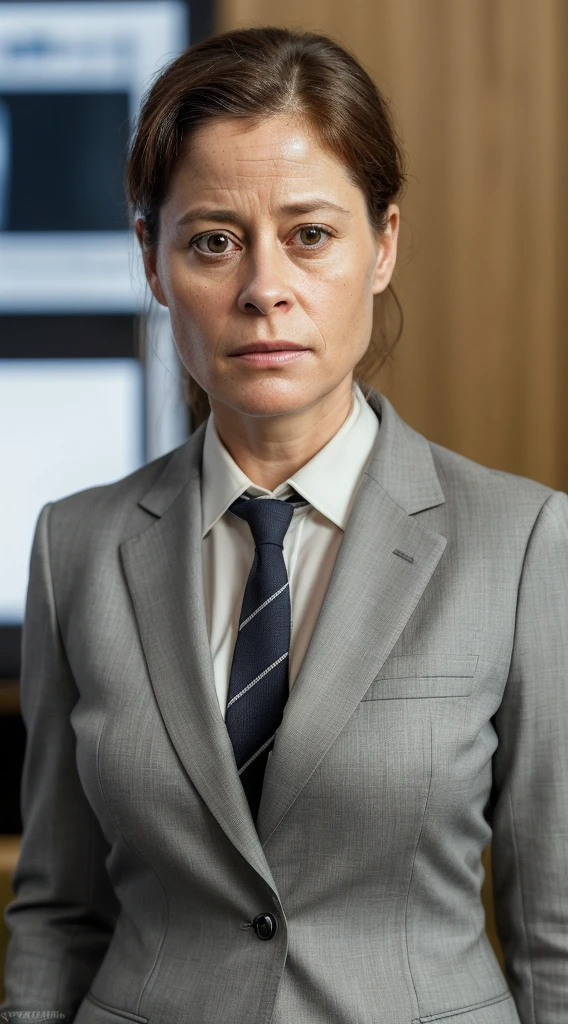 a woman with a tie on her neck looking at the camera, this person does not exist, with no facial features, 40 year old, serious and stern expression, confused facial expression, audrey tatou-maura tierney-sigourney weaver merged, entire body visible, full body, hyperrealistic, real human skin, best quality, 8K, masterpiece, extremely intricate, detailed eyes, detailed face, detailed body, exaggerated features, pronounced features, fujifilm, wearing a professional business suit, inside of a boardroom
