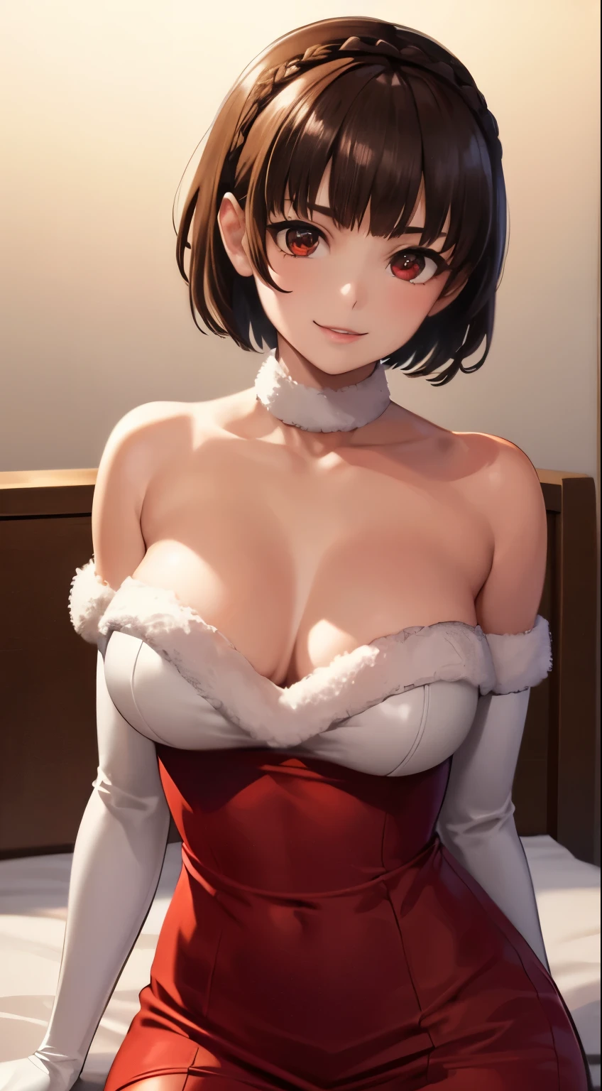 1girl, solo, masterpiece, best quality, high res, highly detailed, (illustration), beautiful detailed eyes, makoto nijima, blunt bangs, braid, brown hair, crown braid, (red eyes:1.3), short hair, ,glossy lips, light makeup, smile, long white satin elbow gloves ,cowboy shot, (santa), red santa dress