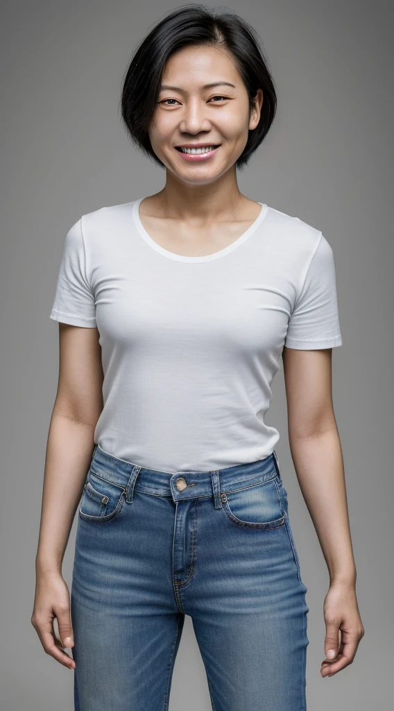 a woman smiling for the camera while posing for a picture, without makeup, half asian, with no facial features, lesbian, 40 years old, jen zee-zhuoxin ye-lei jin-mai anh tran-yuli ban-xue han-jia ruan-kakar cheung merged, entire body visible, full body, hyperrealistic, real human skin, best quality, 8K, masterpiece, extremely intricate, detailed eyes, detailed face, detailed body, exaggerated features, pronounced features, fujifilm, short spikey hair with a fade, short, fit, flat chested, rectangular body, androgynous face, wearing -neck white tshirt and boot cut jeans, butch lesbian,