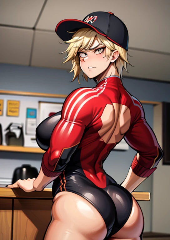Mitsubishi bakugo, masterpiece, tight clothes, cowboy shot, looks mad, staring back at viewer,