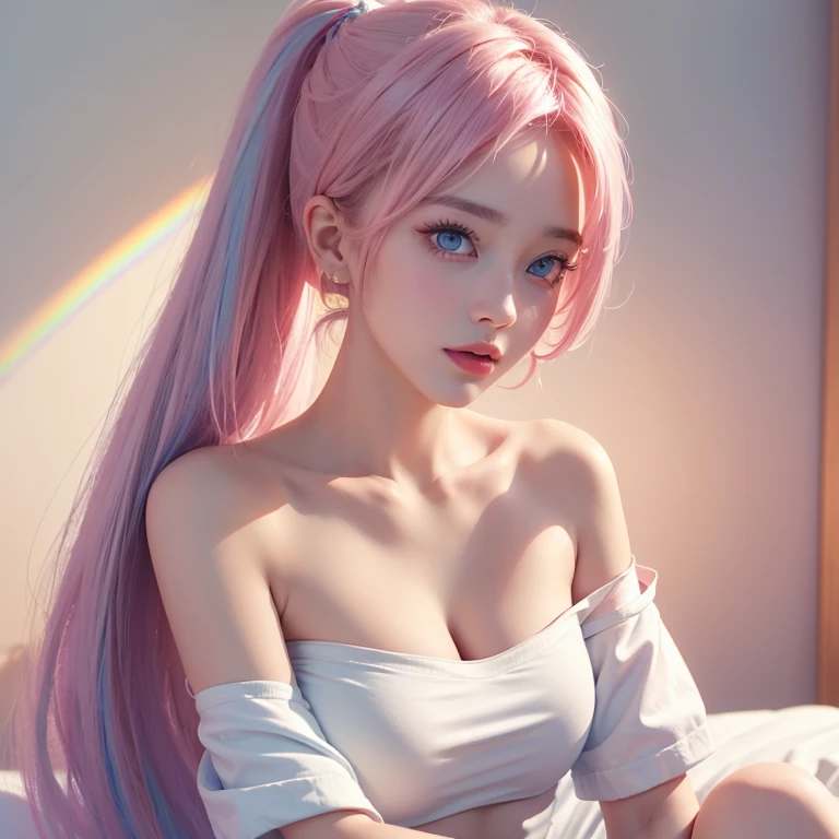 Super quality, (8K, RAW photogr, actual), Detailed and delicate depictions and gorgeous and dynamic painting techniques, very beautiful woman, Annoying sexy expression, Shining blue eyes, elongated, Sam, proporções perfeitas, Full body lesbian, Redlip, Wearing a white off-shoulder T-shirt, white-shoulder shirt, White messy high ponytail, Pink hair accessorieackground colorful lines,Very gorgeous rainbow wall,Professional flare lighting,Frontal side