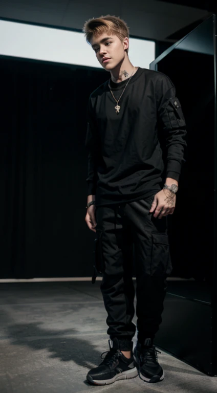 justin bieber wearing a black shirt and black cargo pants, spaceship, space, futuristic