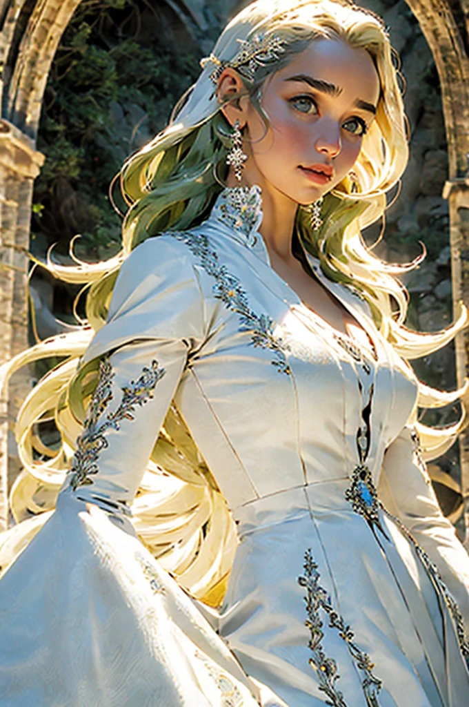 Emilia Clarke, pelo blanco, cabello largo y rizado. gargantilla. grandes senos. caderas gigantescas. arco. vestido de novia de flores. Botas hasta el muslo, pechos enormes, flecha verde serie tv