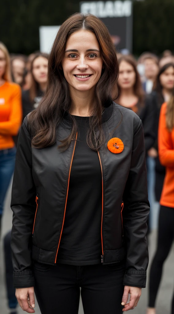 smiling woman with a black jacket and orange shirt in front of a crowd, this person does not exist, 30 years old, french, vicky kriepiles teller merged, entire body visible, full body, hyperrealistic, best quality, 8K, masterpiece, extremely intricate, detailed eyes, detailed face, detailed body, exaggerated features, pronounced features, fujifilm