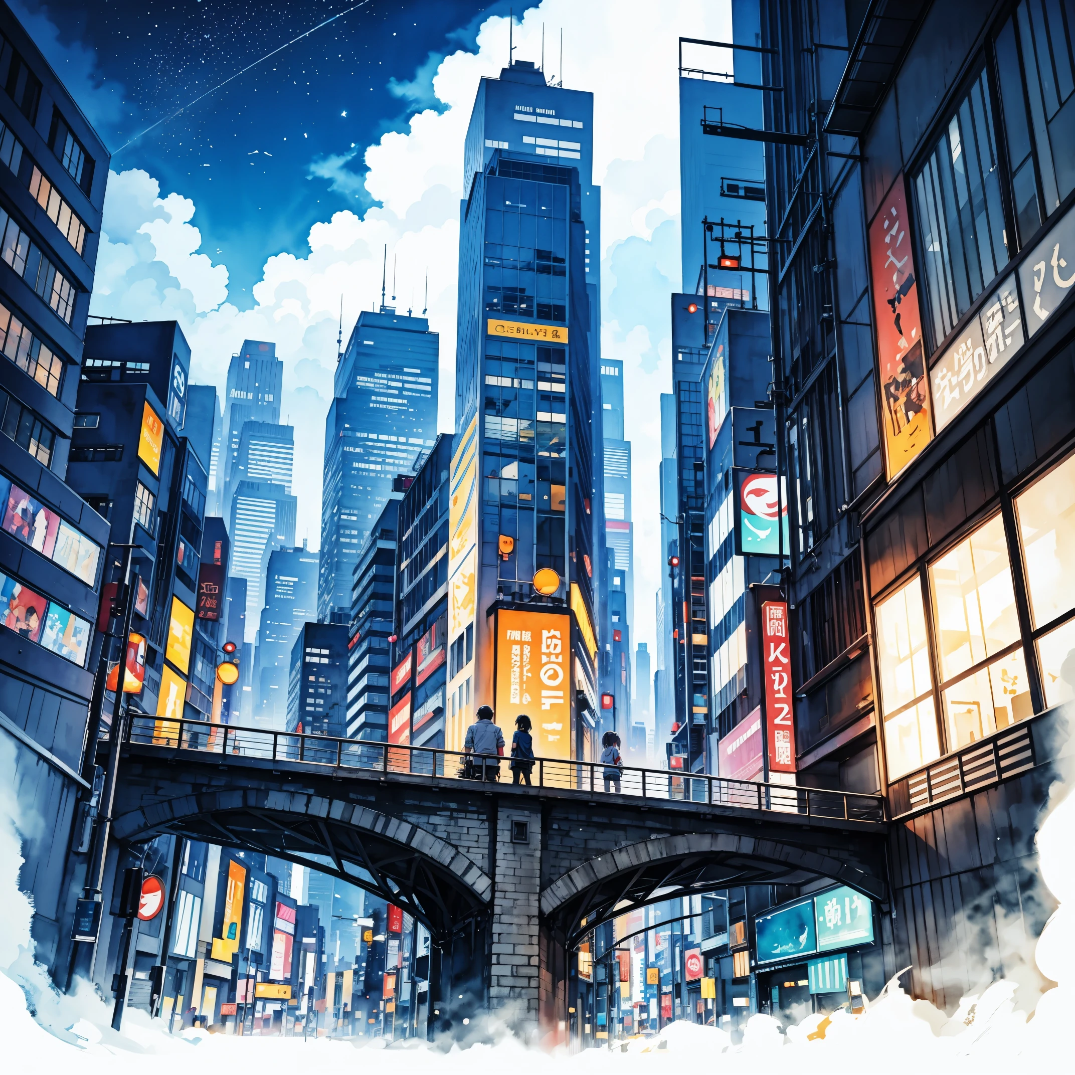 Night, City, skyscrapers, road, mountains, stars, studio ghibli, (watercolor, splash paint, dripping paint, color bleeding, on canvas, textured canvas: 1.5), Anime, high detail, anime, cinematic lighting, motion blur, chromatic aberration, glowing light, ray tracing, reflection light, bloom, drop shadow, UHD, masterpiece, retina, anatomically correct, super detail, high details, high quality, award winning, best quality, highres, 4K