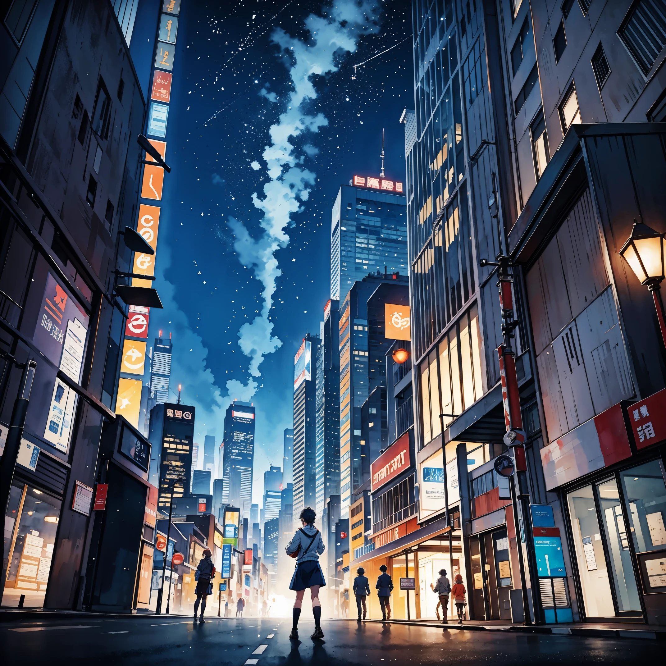 Night, City, skyscrapers, road, mountains, stars, studio ghibli, (watercolor, splash paint, dripping paint, color bleeding, on canvas, textured canvas: 1.5), Anime, high detail, anime, cinematic lighting, motion blur, chromatic aberration, glowing light, ray tracing, reflection light, bloom, drop shadow, UHD, masterpiece, retina, anatomically correct, super detail, high details, high quality, award winning, best quality, highres, 4K