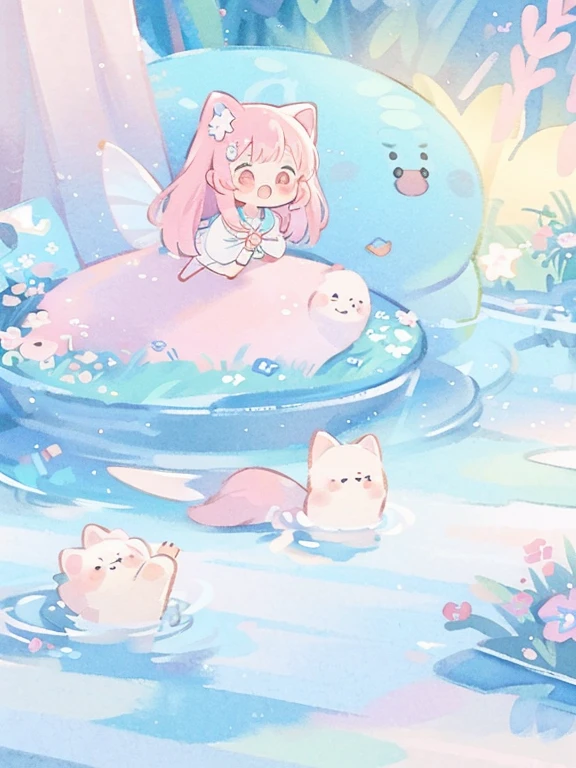 Watercolor illustration, Bright pastel colors, Dreamy, Colorful, capricious, Magical, masutepiece, Best Quality, Sharp Focus, Complex and detailed environments, Fine detail, 8K resolution,(Magical lagoon),cute fluffy fairy creatures, Shining Fairy,has dog ears、a sailor suit、Cute Sailor