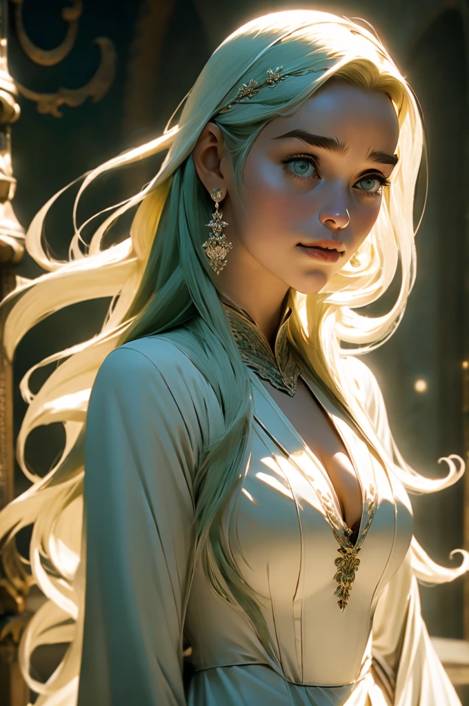 Emilia Clarke, pelo blanco, cabello largo y rizado. gargantilla. grandes senos. caderas gigantescas. pechos enormes, flecha verde serie tv